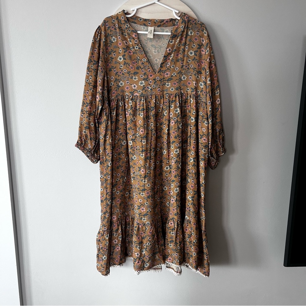 Spell Girls' Mustard Floral Dress with Pink & White Accents